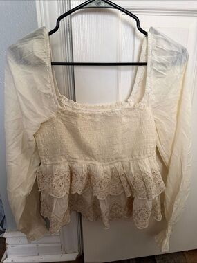 Cream Ruffled Smocked Peasant Top - Women